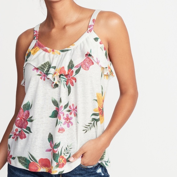 White Floral Ruffle Trim Sleeveless Top XL - Picture 1 of 2